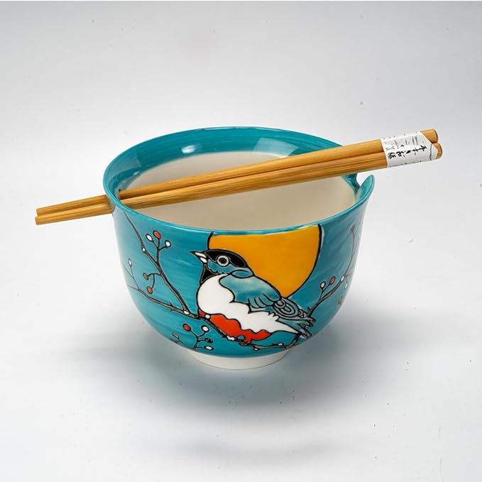 Urban Tokyo Handpainted Ceramic Glazed Japanese Ramen Udon Noodle Rice Bowl With Chopsticks 20 fl oz 5 inch Diameter Bowl Sets Color Box Packaging (Robin Bird)