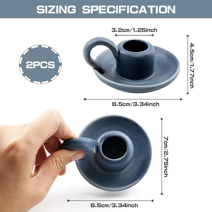 Set of 2 Ceramic Candle Holders，Taper Candle Holder with Handle Nordic Style Candle Burning Display Holder for Home Wedding Party Anniversary Housewarming Gifts （Blue）