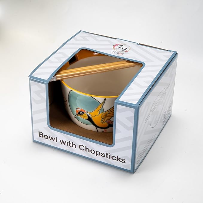 Urban Tokyo Handpainted Ceramic Glazed Japanese Ramen Udon Noodle Rice Bowl With Chopsticks 20 fl oz 5 inch Diameter Bowl Sets Color Box Packaging (Hummingbird)