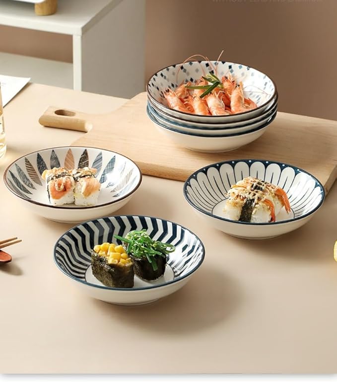 10 oz Ceramic Dessert Bowls Set of 4 Japanese 6 Inch Serving Dishes Shallow Bowls for Side Dishes,Appetizer,Sushi,Salad,Snacks,Fruit,Icecream,Microwave Dishwasher Safe(navy blue)