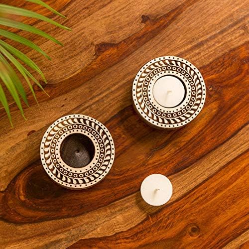 Western Eiderdown Presents Mandala Hand-Carved Block Tea Light Holder (Set of 2, Sheesham Wood) - Decorative Tea Light Candle Holder for Home Décor Votive Tea Light Holder T #Aport-202
