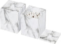 Jung Ford 2-Pack Marble Pattern Cotton Swab Holders with Lids, Resin Bathroom Vanity Storage Jars, Square Qtip Containers for Cotton Balls, Pads, and More (White)