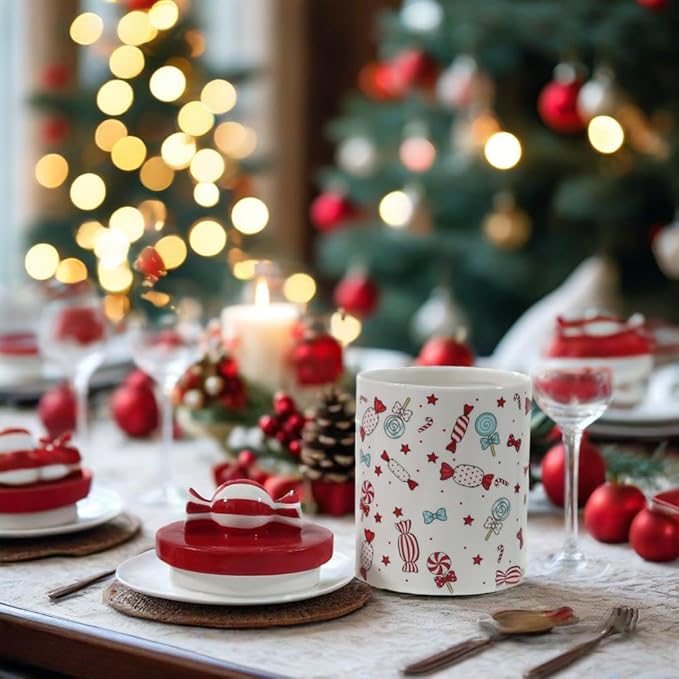 Christmas Cookie Jar with Lid, 9.4" Ceramic Candy Jar Canister, Ceramic Storage Jar Container, Decorative Xmas Cookie Container for Holiday Kitchen Counter Displays, Treats, and Gifts (Large)