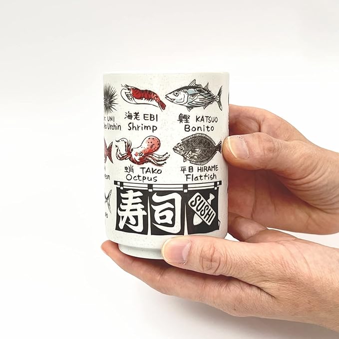 Japanese Tea Cup - Pottery 9 fl oz, Yunomi Mug, Sushi Made in Japan (C3-7 Sakanaeigo)