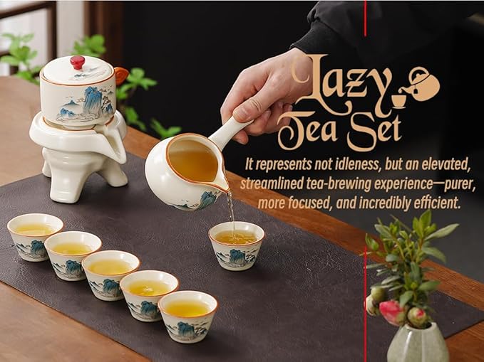 Semi Automatic Tea Set Magic Teapot with 6 cups Japanese Teapot Set,Chinese Gongfu Tea Set Ceramic Teapot with Infuser (Jiangshan-Automatic)