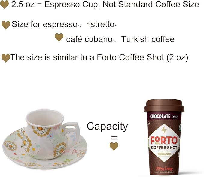 GuangYang 12 pieces Expresso Cups and Saucers for 6 People,2 oz Turkish Coffee Cup set of 6,Lucky Floral Pattern,Good Gift Set