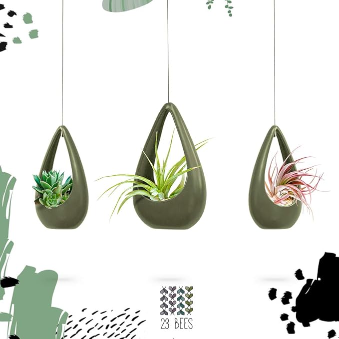 23 Bees, Hanging Air Plant Holder, Green Hanger Ceramic Planter, Small Floating Succulent Pots Container, Cactus Holders with Metal Wire, 3 Pack (3 Pack x Green)