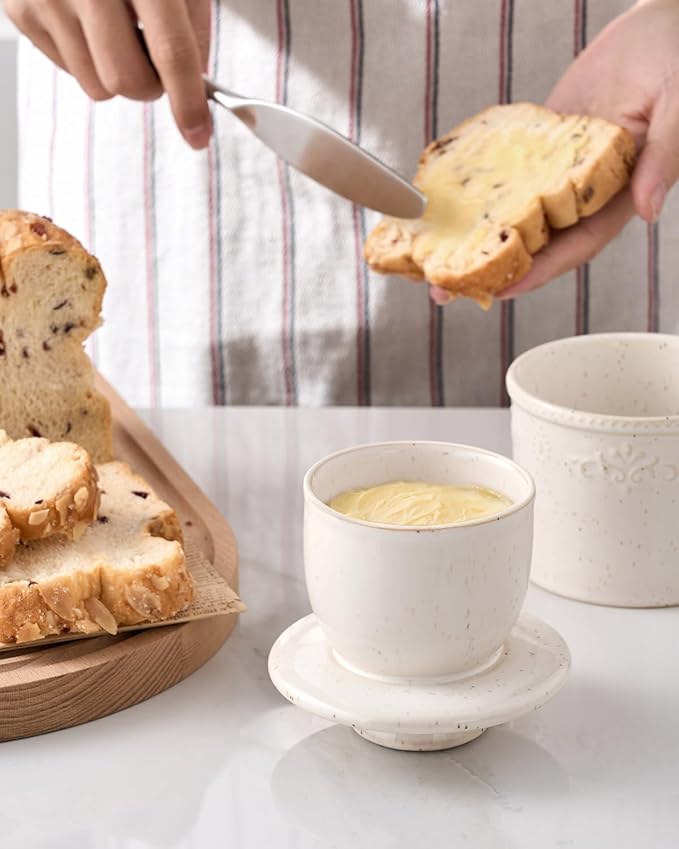 XELA Ceramic Butter Dish - French Butter Crock With Water Line - Keeps Your Butter Fresh and Spreadable - Speckled White