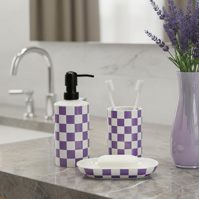 Ceramic Toothbrush Holder, Purple Tooth Brush Holders for Bathrooms, Lavender Bathroom Accessories, Modern Cute Tooth Brush Tumbler/Cup, Toothbrushes Toothpaste Storage Dispenser for Countertop