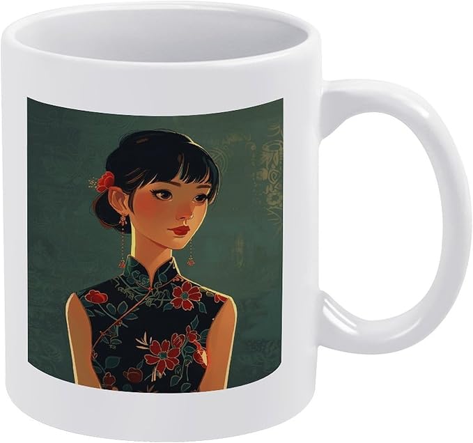 Asian Women Style Coffee Mugs Modern Ceramic Coffee Cups with Patterns Porcelain Tea Cups with Large Handles for Women Men Dishwasher And Microwave Safe