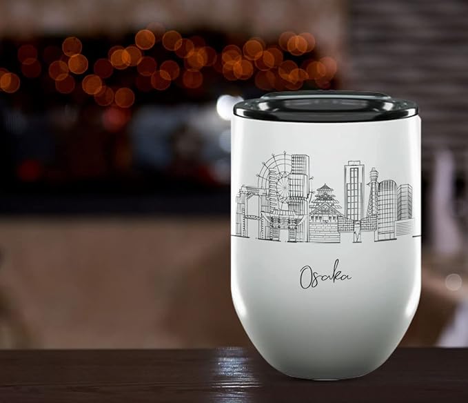 Osaka Skyline Wine Tumbler, Asia Skyline 12oz Wine Tumbler, Custom Wine Tumblers Gift For Birthday, Spill Resistant Tumblers for Women, Personalized Wine Tumbler