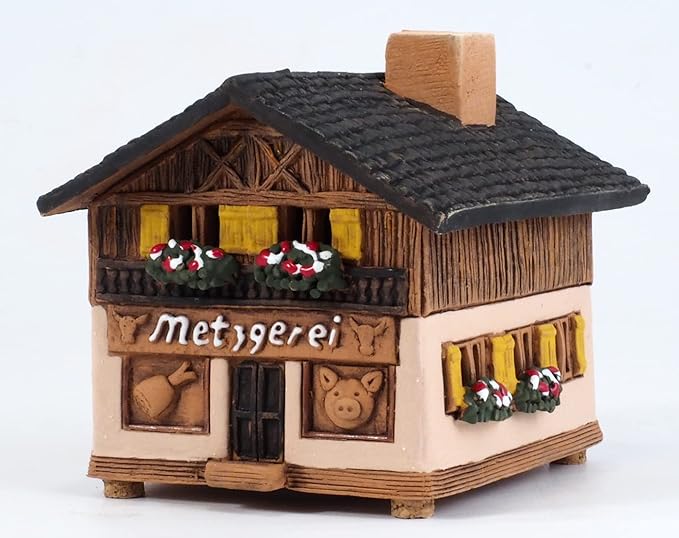 Ceramic Houses and Villages Collection - Christmas Village Collectible House Miniature Historic Butcher's in Bavaria Tealight Candle Holder, Room Décor, Handcrafted Essential Oil Burner