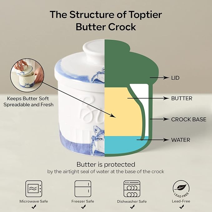 Toptier Butter Crock for Counter With Water Line, On Demand Spreadable Butter, Ceramic Butter Keeper to Leave On Counter, French Butter Dish with Lid (Hottie Cat)