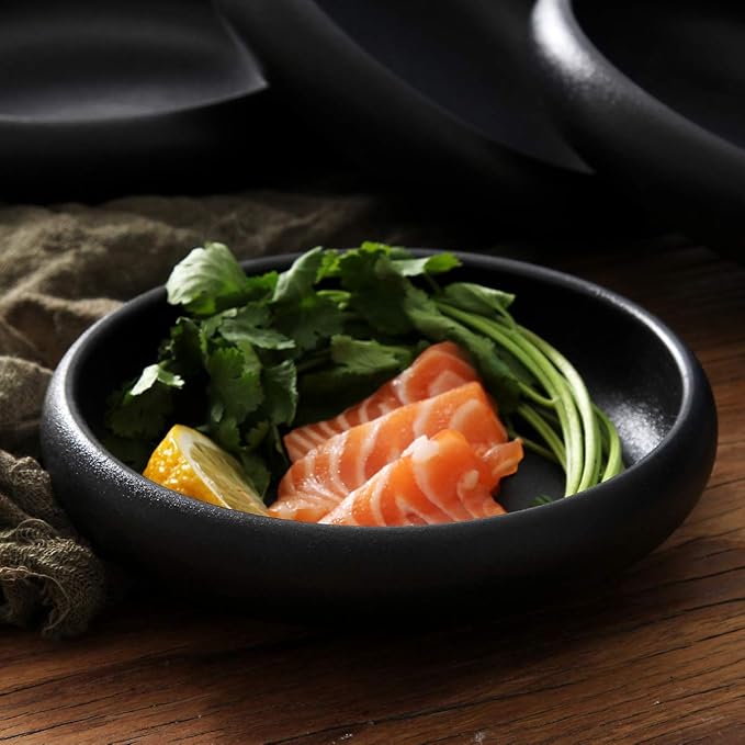 Uaral Japanese Salad Plate,Black Plates and Bowls Set,Stoneware Black Plate Set,Appetizer Plates Set of 4,5.5 inch,14 oz(Texture Matte)