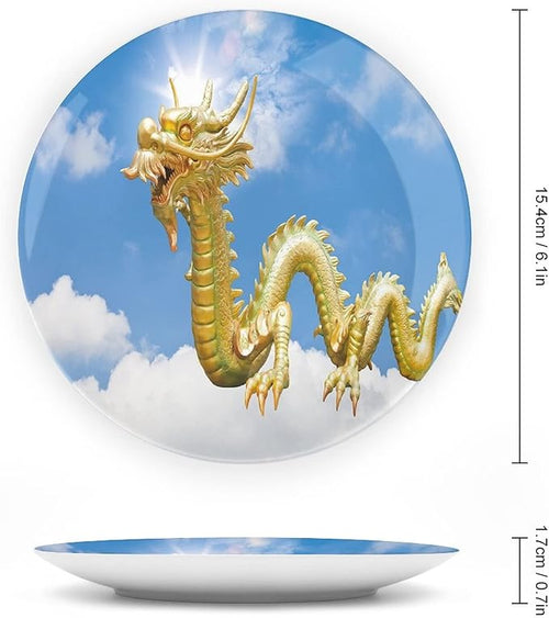10 Inch Decorative Plate, Dragon Round Porcelain,Traditional Chinese Dragon Hovering at Cloud Sky Print Ceramic Wall Hanging for Fine Dining For Upscale Events, Dinner Parties, Weddings, Catering