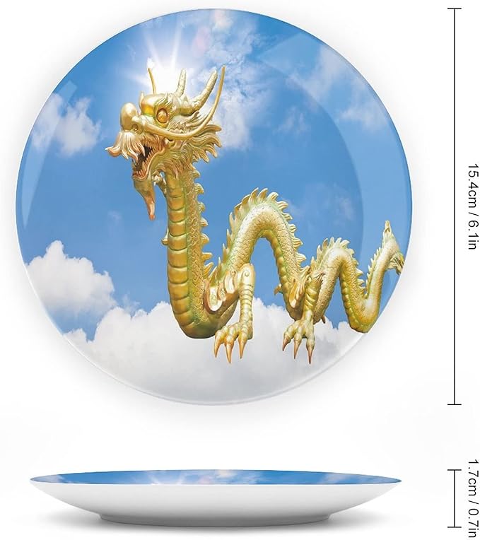 XISUNYA 8 Inch Decorative Plate, Dragon Ceramic Stoneware, Traditional Chinese Dragon Hovering at Cloud Sky Print Ornament Display Plate Decor Accessory for Dining, Parties, Wedding