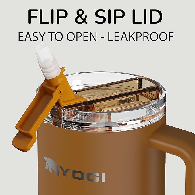 YOGI Ceramic Lined Metal Allergy Safe 24oz Tumbler with Handle and Straw Leakproof Flip & Sip Lid Vacuum Insulated Stainless Steel Travel Cup for Iced Coffee Water and All-Day Hydration 24oz Amber