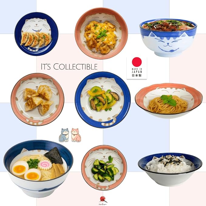 JapanBargain 2471, Set of 4 Japanese Porcelain Bowls Serving Miso Soup Pho Ramen Udon Donburi and Salad, Maneki Neko Smiling Cat Pattern, 18 fl.oz. 5-inch, Blue Color, Made in Japan