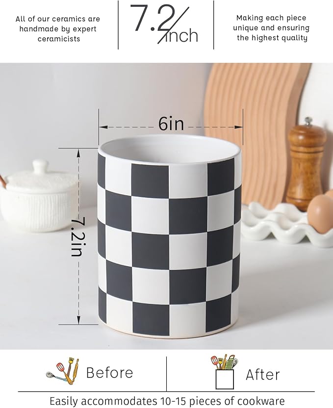 Utensil Holder，7.2 Inch Checkered Utensil Holder, Ceramic Cooking Utensil Spoon/Spatula Holder for Countertop, Kitchen Decor and Accessories for counte(Black)