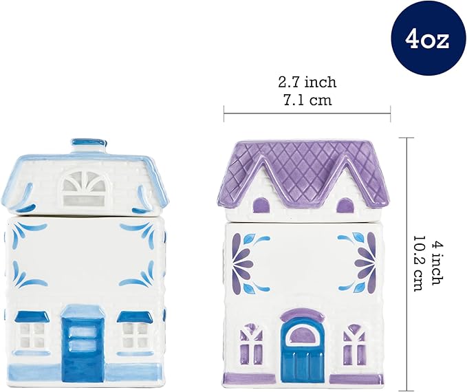 Bico Spice Cottages Blue and Purple 4 oz Ceramic Spice Jar Set of 2 with Labels, Hand-Painted, Airtight Kitchen Spice Container Organizer