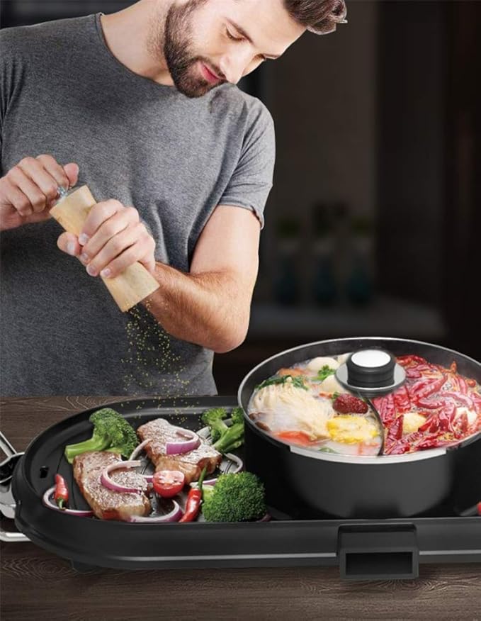BBQ - The Electric Korean Barbecue Hot Pot Maifan Stone Multifunction and Hot Pot Table Grill and Fondue with Ceramic Coating 1500W [Energy Class A],YinandYanghotpot