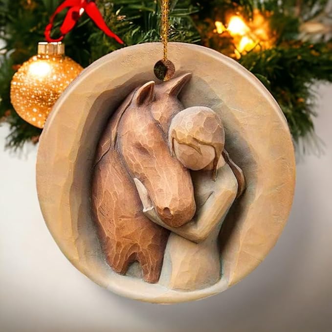 2025 Christmas Ornament for Horse Lovers Girl and Horse Printed Ceramic Ornament, Not a Carved Sculpture, Equestrian Holiday Keepsake Xmas Tree Decoration