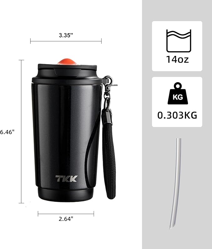 TKK Coffee Cup with Ceramic Coating - 14oz Insulated Stainless Steel Travel Mug, Leak-Proof Tumblers with Straw for Hot/Cold Beverages, Easy Wide Mouth Cleaning, Black