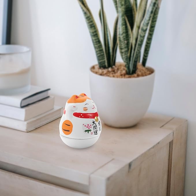 Uonlytech Ceramic Maneki Neko Figurine White Lucky Cat Tumbler Ornament with Orange Ears Small Desktop Decor Auspicious Japanese Home Accent