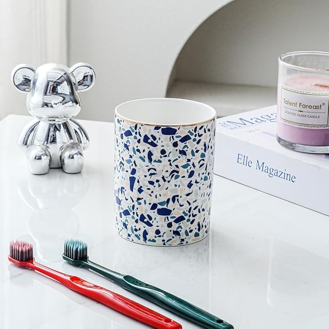 Ceramic Toothbrush Holder Toothpaste Holders, Cute Bathroom Tumbler Cups Reusable,Checkered Bathroom Counter Decor Organizer, Makeup Brush Holder,Pen Holder (Terrazzo)