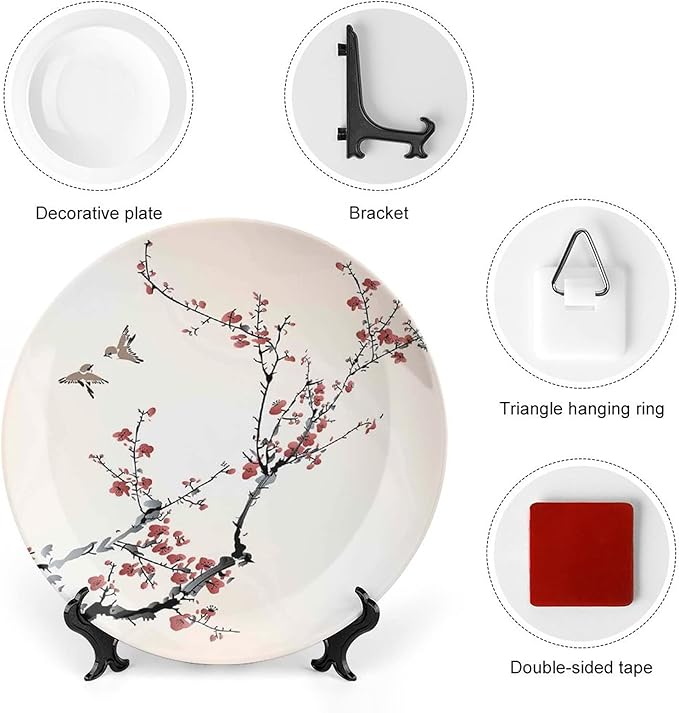 8 Inch Decorative Plate, Japanese Decor Porcelain Plate, Cherry Branches Flowers Buds and Birds Asian Print Ceramic Wall Hanging for Fine Dining For Upscale Events, Dinner Parties, Weddings, Catering