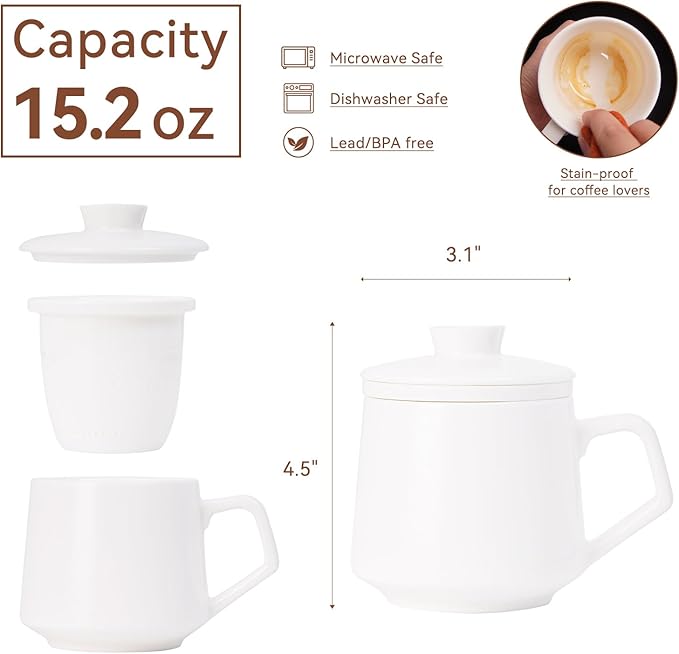 Ceramic Tea Mug with Infuser & Lid - 15.2oz Glowing Jade Porcelain Mug - Translucent Artisan Cup - Loose Leaf Tea Cup with Infuser,Insulated Ceramic Coffee Mugs with Lid, Gift for Women/Men