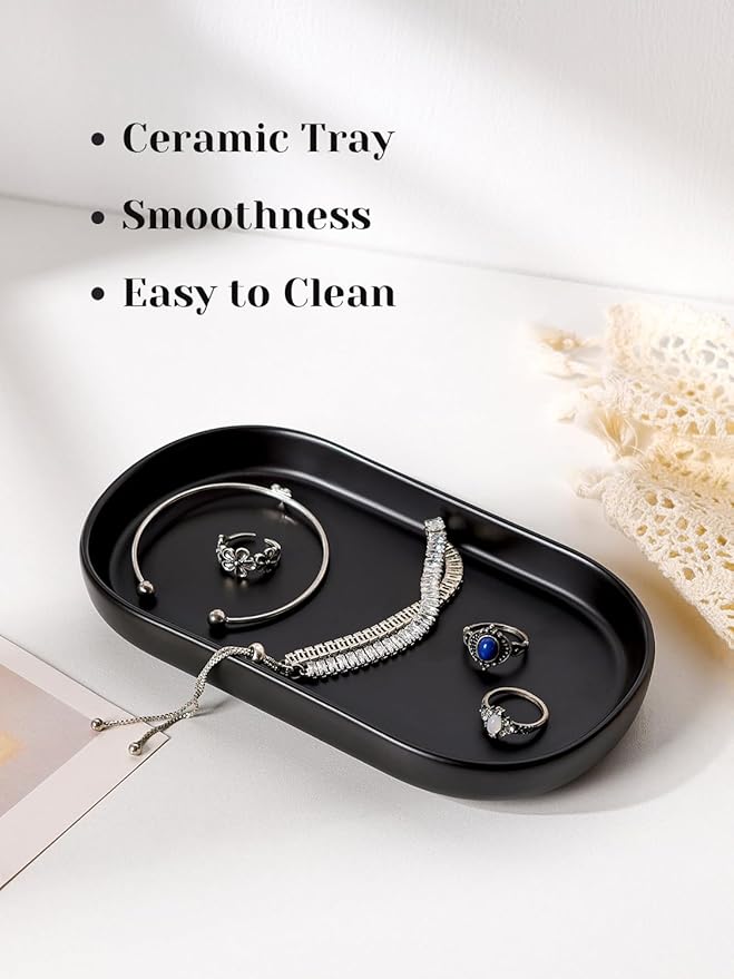 INGOFIN 7" Ceramic Bathroom Vanity Tray- Bathroom Organizer Countertop Tray for Perfume, Jewelry, Candles, Small Kitchen Counter Soap Tray, Decorative for Bathroom Vanity, Toilet Tank, Black