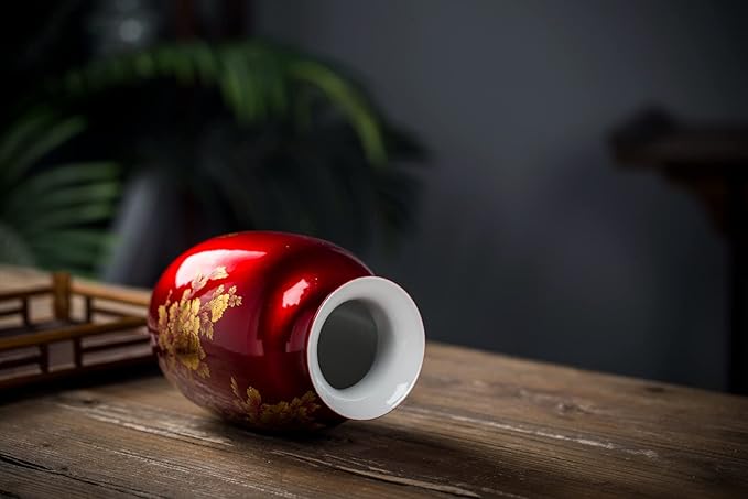 Red Vase Oriental Ceramic Flower Vases Decorated with Peony Design for Home Living Room Ornaments and Wedding Tall 9''