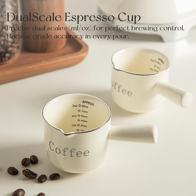 KEMORELA Ceramic Espresso Cups with Spouts & Handles, 3 oz & 90 Milliliter Markings, Espresso Shots, Durable Heat-Resistant Ceramic, Perfect Coffee Accessories for Espresso Lovers (White)