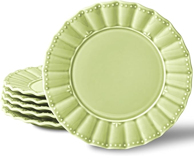 HOMBENE Dessert Plates 8 Inches Set for 6 Ceramic Serving Plates, Plates for Cake Waffles,Wavy Style, Snacks, Pasta, Noodle,Dinner, Microwave & Dishwasher Safe (Mint Glow Green)