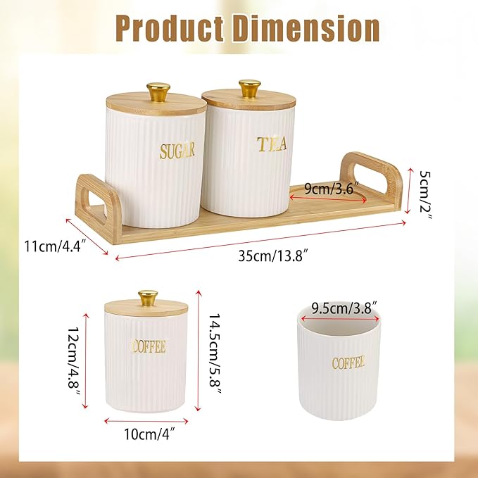 3 Pack Ceramic Canister Set with Bamboo Lids and Handle Tray, Coffee Tea Sugar Container Set, White Ceramic Storage Jar Kitchen Canister for Countertop, White-Style 2