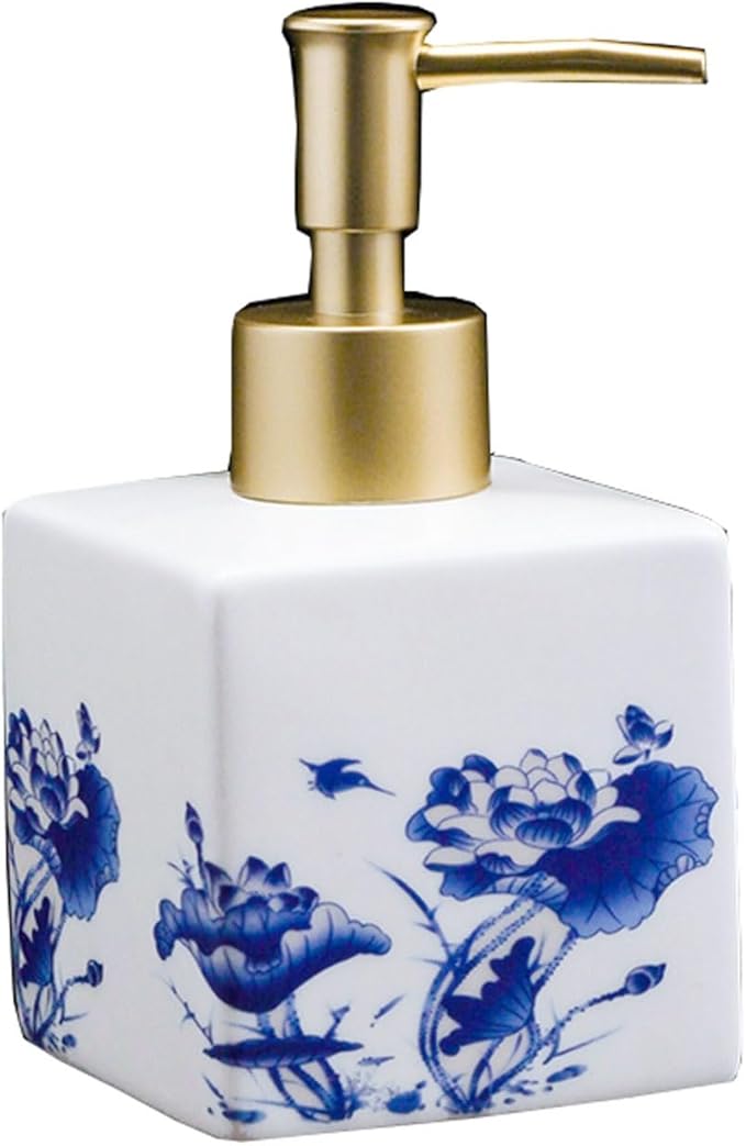 Countertop Soap Dispensers, Refillable Pump Bottle Ceramic Lotion Soap Dispenser with Pump for Bathroom and Kitchen Office, Vintage Blue and White Porcelain Floral Decorative(Gold)