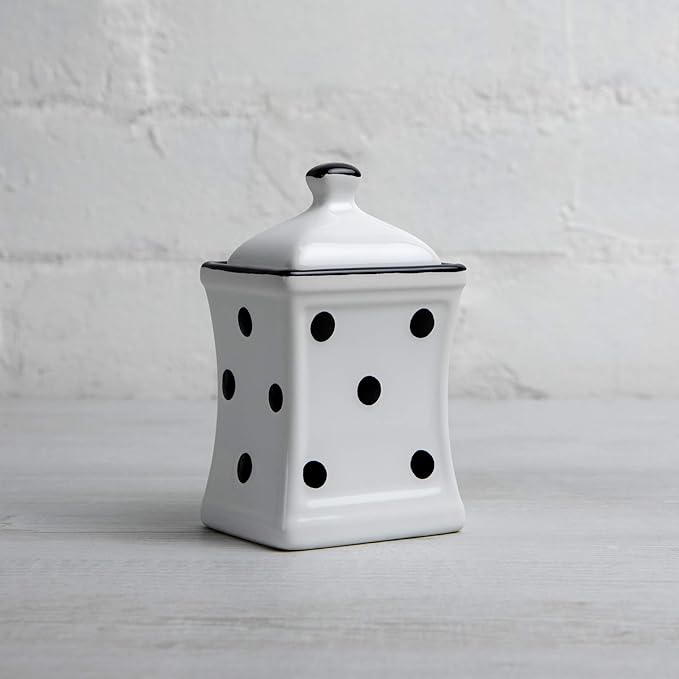 City to Cottage Handmade Small 5.3oz/150ml Ceramic Kitchen Herb, Spice, Storage Jar with Lid, Pottery Canister, Housewarming Gift (White and Black Polka Dot)