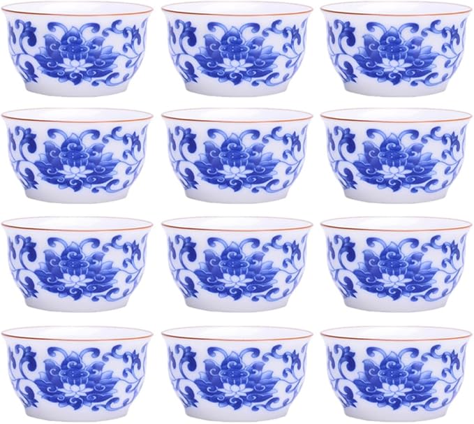 Chinese Handmade Kungfu Tea Cup 60 ml,Bone China Blue and White Tea Cups Set of 12,Ceramic Tea Mugs Without Handles,Best Gift（Lotus）