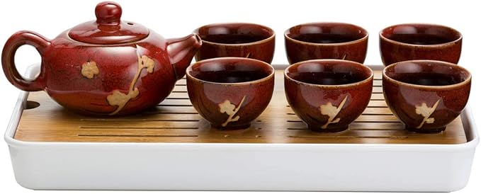 TJ Global Chinese/Japanese Ceramic Tea Set, 100% Handmade Traditional Tea Ceremony Set with Teapots, 6 Teacups, Bamboo Tea Tray with Drainage (Red)