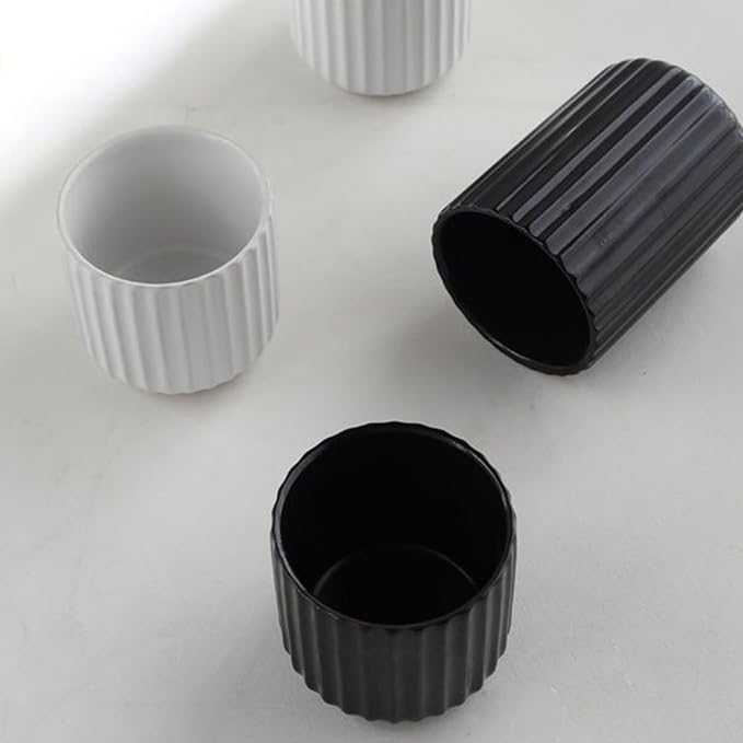 Nordic Ceramic Mug, Japanese Tea Cup 6oz Striped Cup No Handle Drinking Cup for Latte Milk Water Beverage Juice Microwave and Dishwasher Safe, Minimalist coffee Cup, Matte Black
