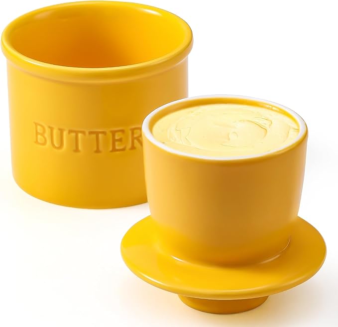 Butter Crock with Lid for Countertop - Ceramic French Butter Dish for Spreadable Soft Butter, Butter Container Holder with a Water Seal, Housewarming Gift, Kitchen and Home Decor, Yellow