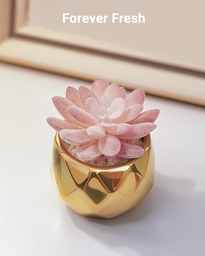 VIVERIE Mini Succulents Plants Artificial in Pots-Pink with Golden Ceramic, Christmas Small Fake Succulents Plants for Home Decor Indoor for Women, Golden Ceramic Faux Succulents, Gifts for Mom