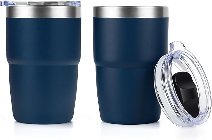 Zenbo 8 oz Stackable Espresso/Coffee Cups with Magnetic Lid, Ceramic-Lined 18/8 Stainless Steel Mini Tumblers, Double-Wall Vacuum Insulated & Dishwasher Safe for Travel & Office (Navy-2 Pack)