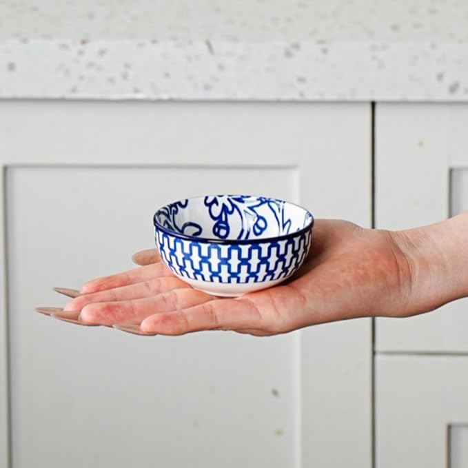 Ceramic Dipping Bowls Set - Mini 3 Inch Soy Sauce Dishes - 2.7 Oz Small Round Pinch Bowls for Snacks, Appetizers, Side Dish BBQ, Charcuterie & Kitchen Prep - Set of 6 - Vintage Blue