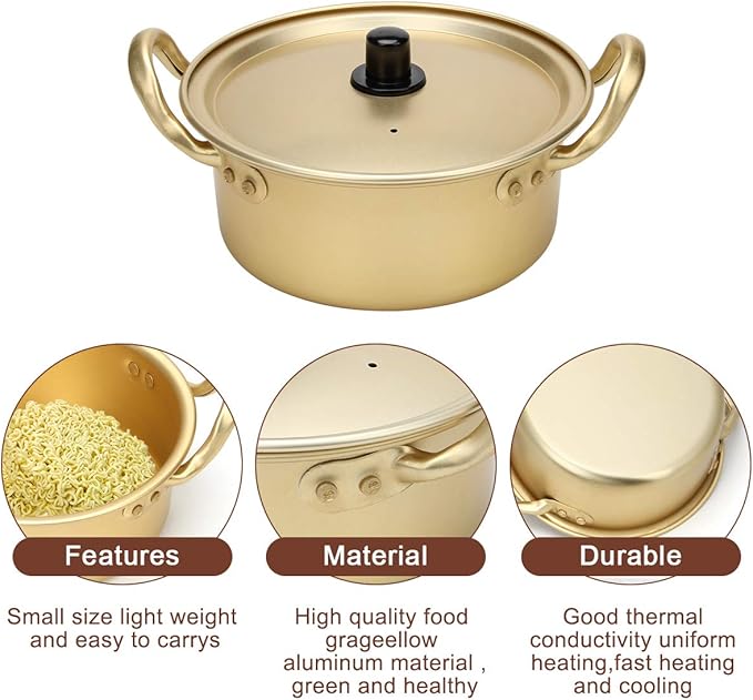 Korean Ramen Cooking Pot, AHIER Korean Ramen Noodle Pot With Lid, Spoon and Chopsticks (1pair), Fast Heating for Kitchen Cookware (Double handle) (6.3in)