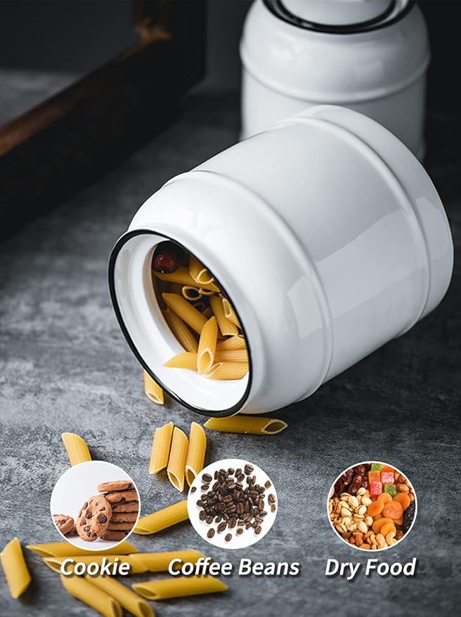 10cup/85oz Ceramic Jar for Dry Food Storage Containers, Airtight Cookie Jar with Lids, Porcelain Ceramic Canister for Kitchen Countertop Pantry Farmhouse Store Flour Sugar Bean Candy (White)