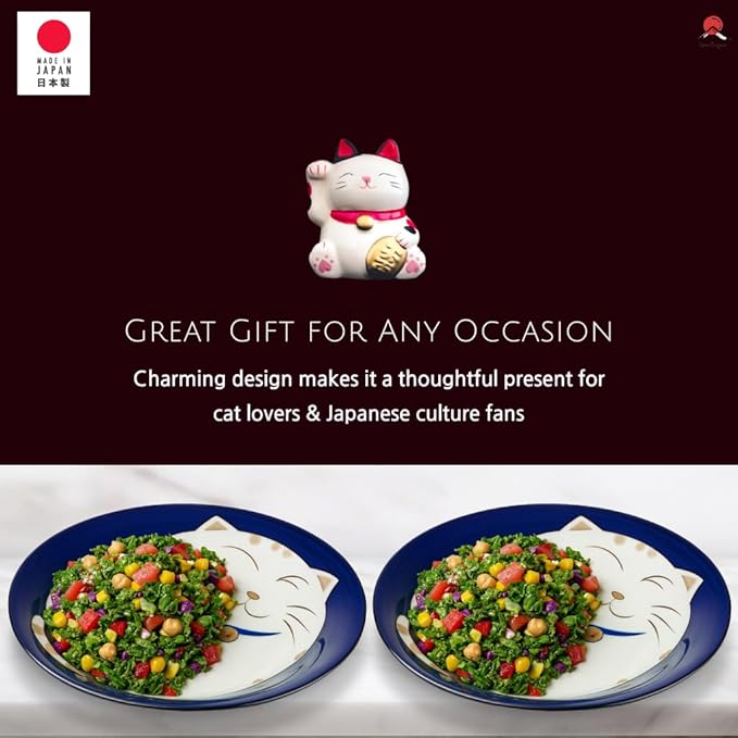 JapanBargain, Set of 4 Japanese Soup Bowls Shallow Porcelain Bowl for Curry Rice Cereal Poke Salad and Dessert, Maneki Neko Smiling Cat Pattern, Made in Japan, 8.5 inch, Blue Color