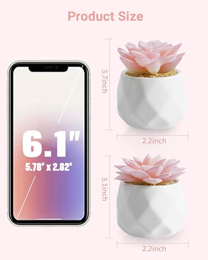 VIVERIE Mini Succulents Plants Artificial in Pots-Rose Pink, Christmas Small Fake Succulents Plants for Home Decor Indoor for Women, White Ceramic Faux Succulents, Set of 2, Gifts for Mom