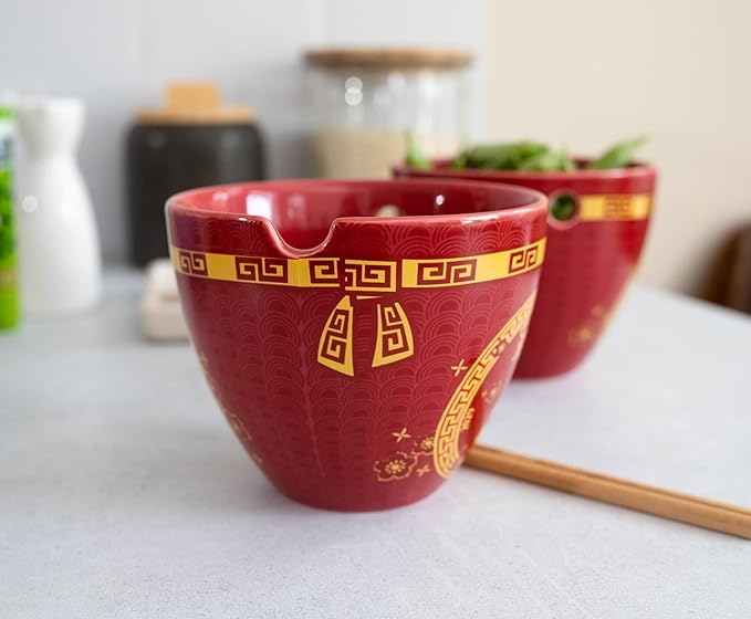 Boom Trendz Year Of The Horse Chinese Zodiac Ceramic Dinnerware Set | Includes 16-Ounce Ramen Noodle Bowl and Wooden Chopsticks Asian Food Dish For Home & Kitchen Kawaii Lunar New Gifts red One Size
